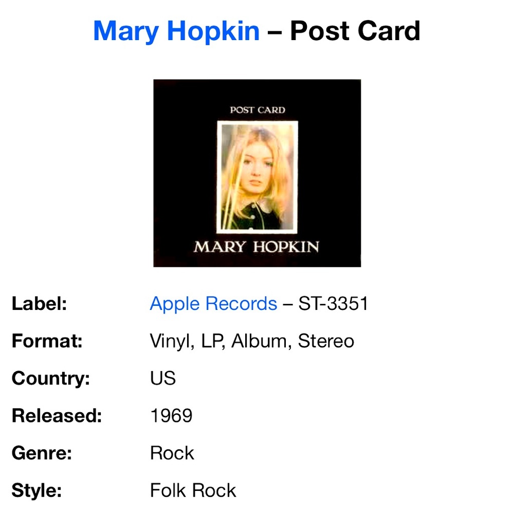 Mary Hopkin postcard vinyl no jacket produced/discovered by Paul McCartney 60s
